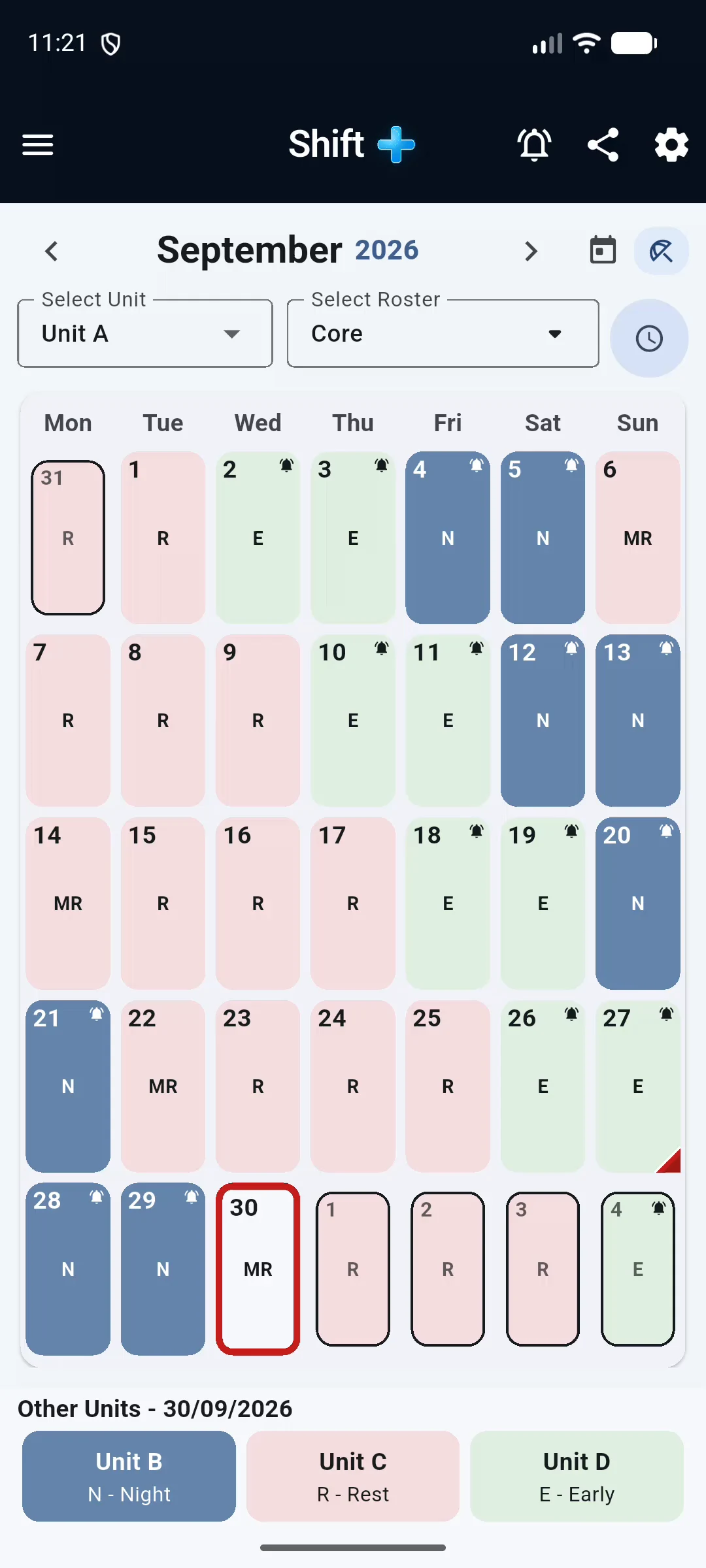 Shift + calendar showing a genuine September roster and unit comparison
